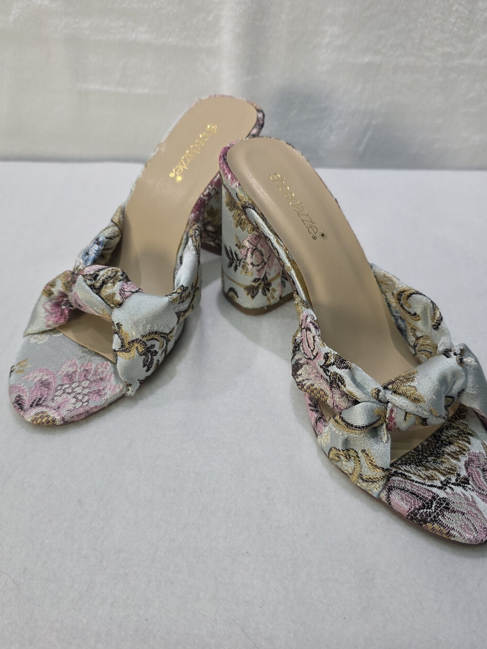 Shoe Dazzle Floral Knot Block Heel Slides NEW